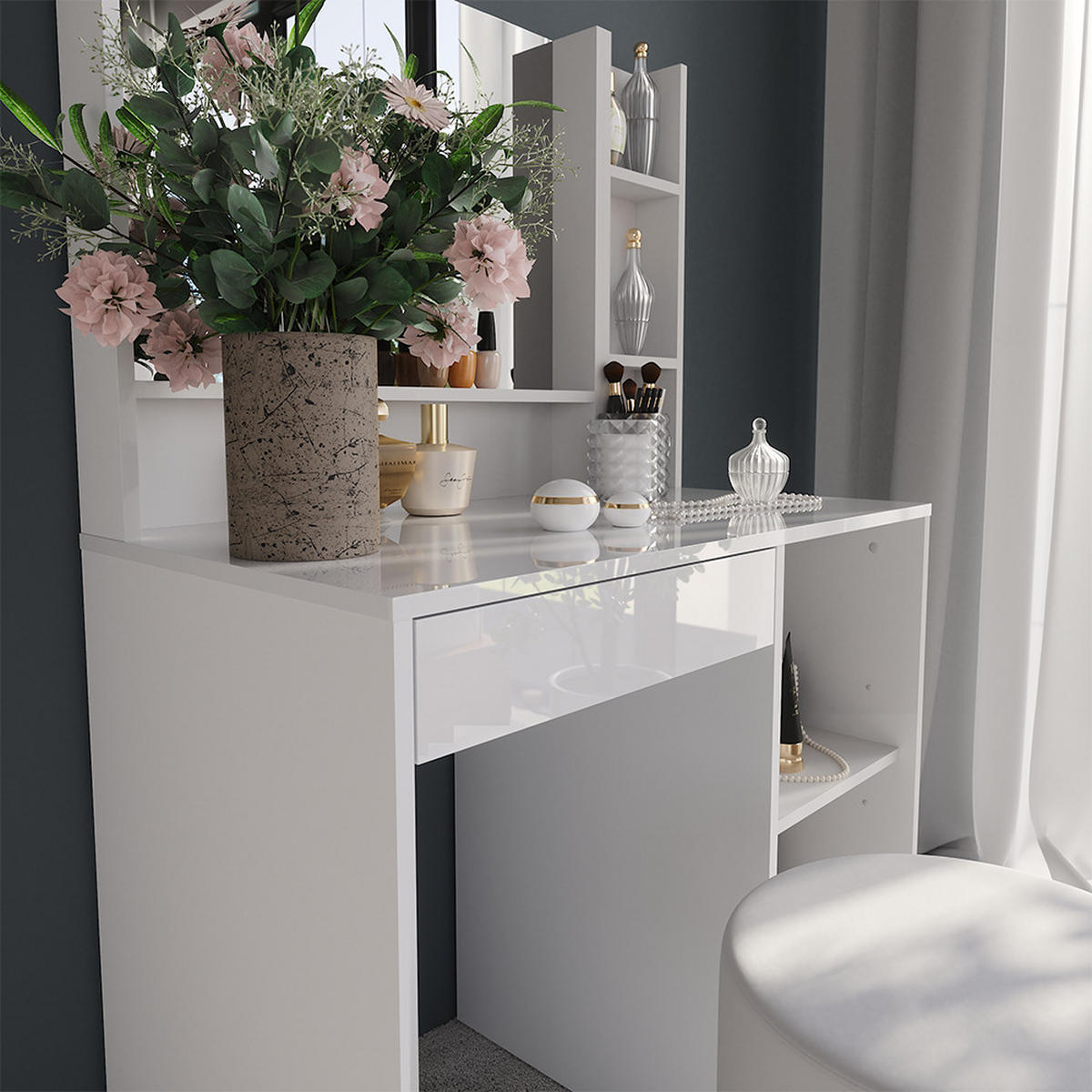SCHMINKTISCH Sherry Weiß/Weiß Hochglanz 89.8 cm 4 Teile - Weiß Hochglanz, Holzwerkstoff (89.8/76/50.1cm) - Vicco