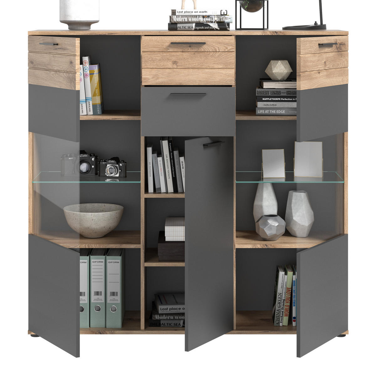 HIGHBOARD Eiche, grau 140 x 134 cm, Schrank mit Soft-Close, Wohn- und Esszimmermöbel - Eichefarben/Schwarz, Holzwerkstoff/Kunststoff (140/134/37cm) - Inn.Furn
