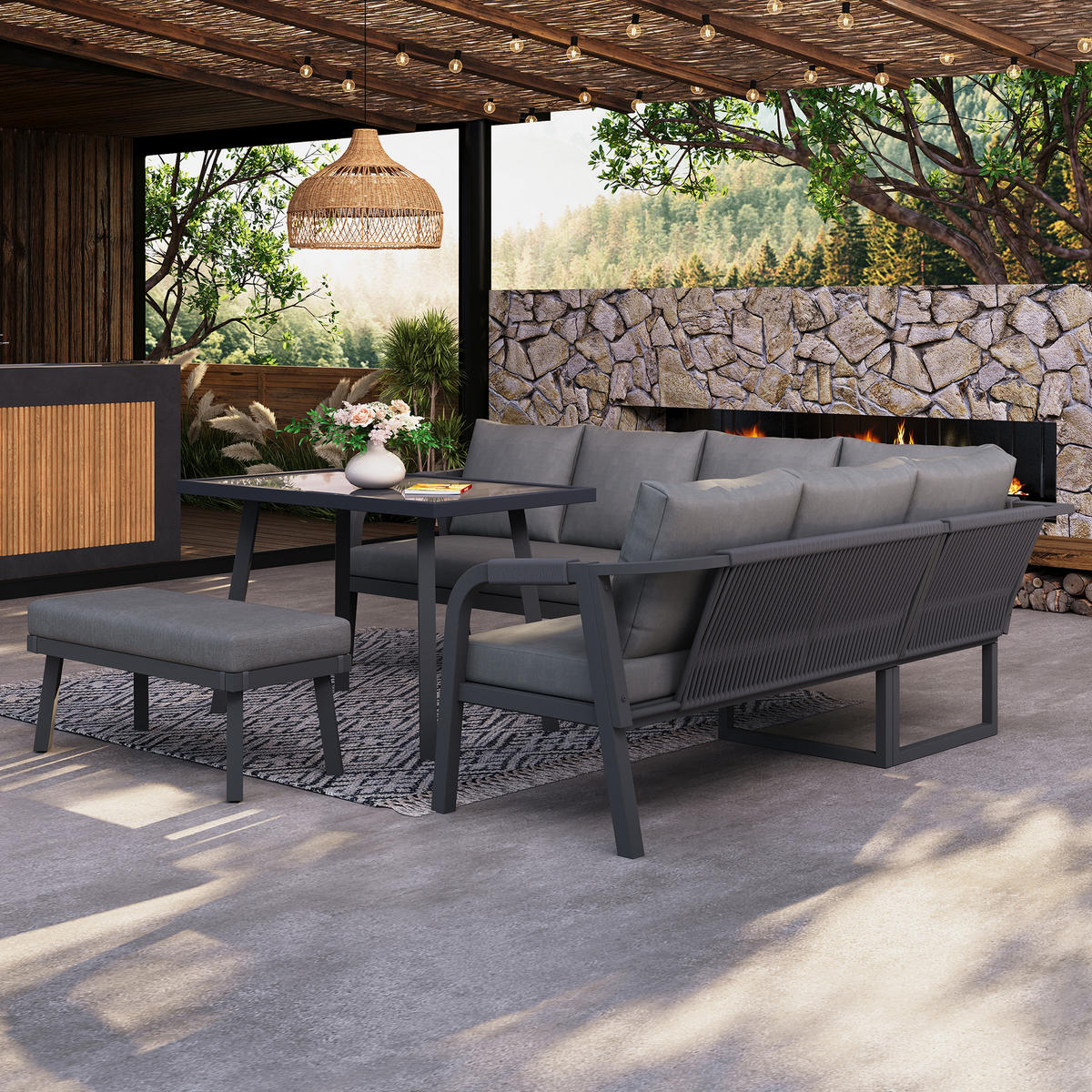 GARTEN-ESSGRUPPE 8 Personen Ecksofa Esstisch Bank Stahl Grau - Grau, Textil - FLIEKS