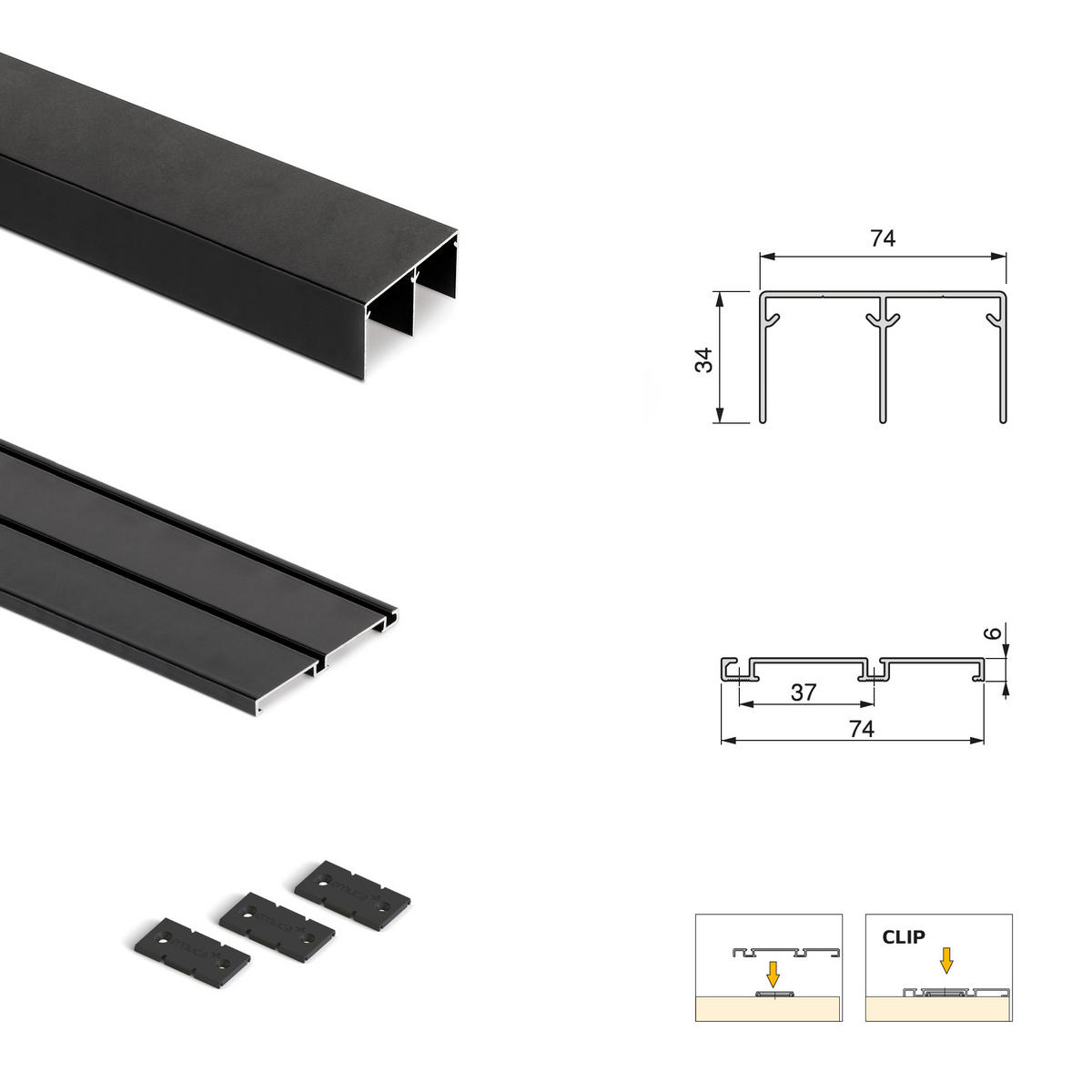 HARDWARE SET für Placard 74 2-Schiebe-Kleiderschrank mit sanftem Schliessen, Griff-Modell Sharp, Stärke 19mm, ohne Paneele, Schwarz lackiert - Schwarz, Metall (3.4/8/235cm) - EMUCA