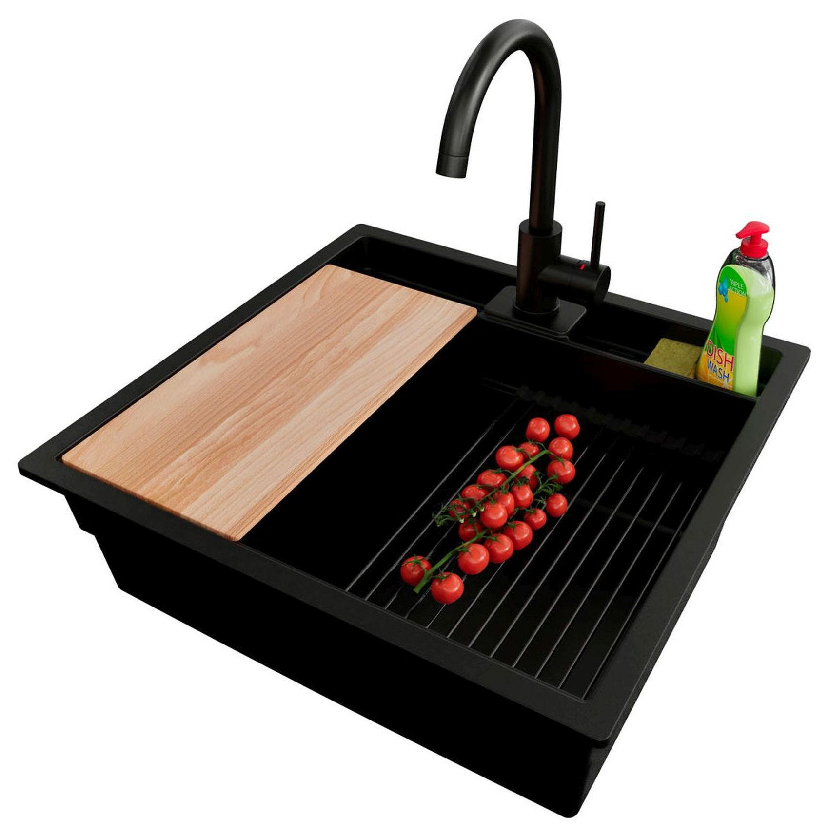 UNTERBAUSPÜLE GRANIT Bergen Pocket, 2-er set Schwarz 56/54 cm 1 Becken + Küchenarmatur 32/20 cm + Ablauf-Set + Küchenzubehörset ab 60er Unterschrank - Beige/Schwarz, Kunststoff (56/20/54cm) - Primagran