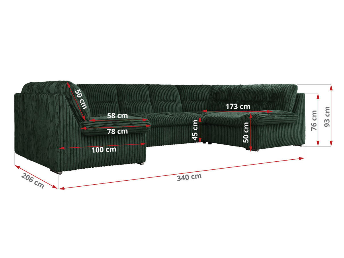 WOHNLANDSCHAFT COMODO U Grün Cord - Silberfarben/Grün, Textil/Metall (340/93/206cm) - MKS