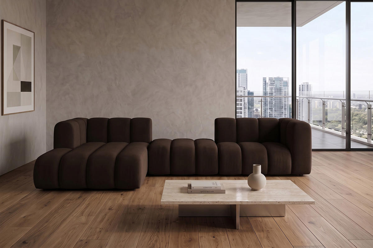ECKSOFA Modulares In L-Form, Velvet-Stoff Riviera, Schokolade, Links, GRAND 319 cm - Braun, Holz (319/175cm) - Kaiser Möbel