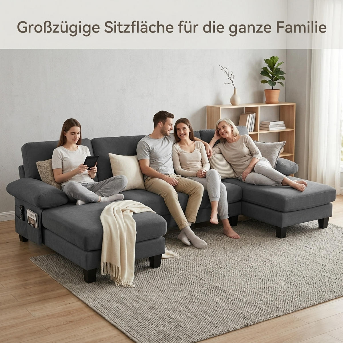 WOHNLANDSCHAFT Grau 242/128/84 cm 4-Sitzer mit Seitentaschen - Grau, Textil (242/84/128cm) - PANGIVO