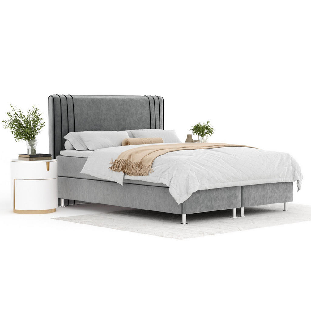 Thumbnail - Maison de Reve Boxspringbett, Grau, Schwarz, Textil, Buche, Kiefer, H3, Höhe ca. 21 cm, 200x200 cm, Oeko-Tex® Standard 1...