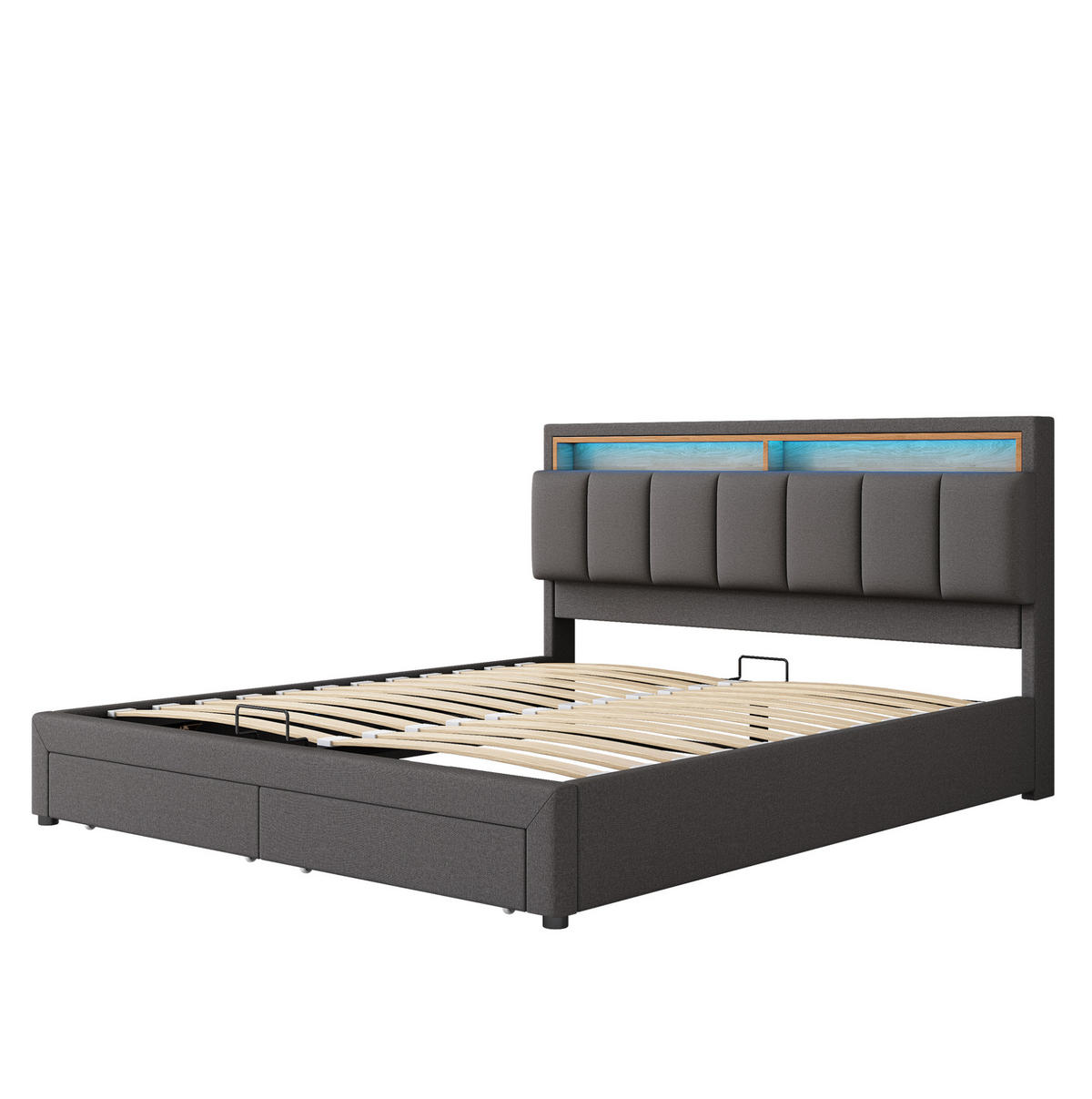 POLSTERBETT 180/200 cm dunkelgrau aus Leinen mit LED und Bettkasten - Dunkelgrau, Textil (180/200cm) - OKWISH