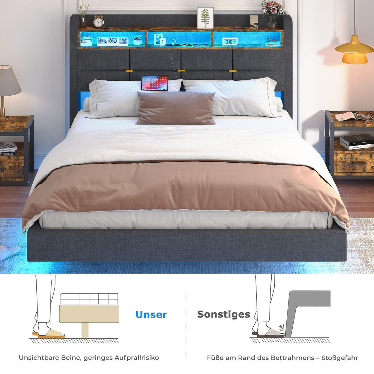 BETT 160x200 cm mit Boxspring, mit LED und USB, Schwebebett für 2 Personen, gepolstertes Kopfteil mit Stauraum, Grau - Grau, Metall
