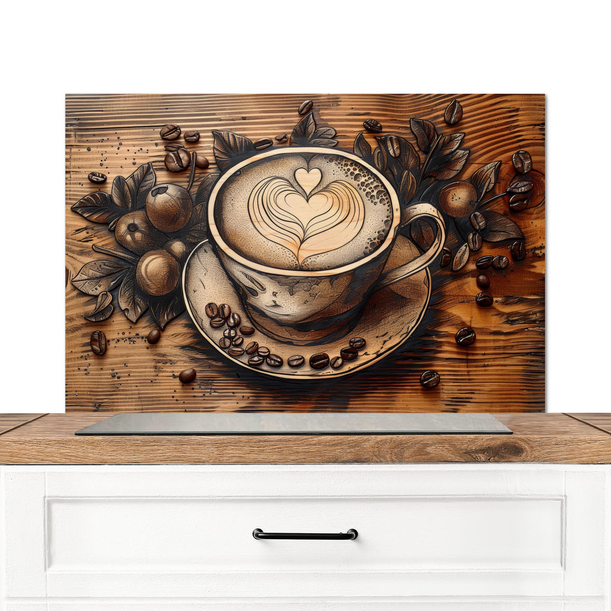 SPRITZSCHUTZ KÜCHE Kaffee - Vintage - Braun - Tasse - Holz 90x60 cm - Cappuccino, Metall (90/0.3/60cm) - MuchoWow
