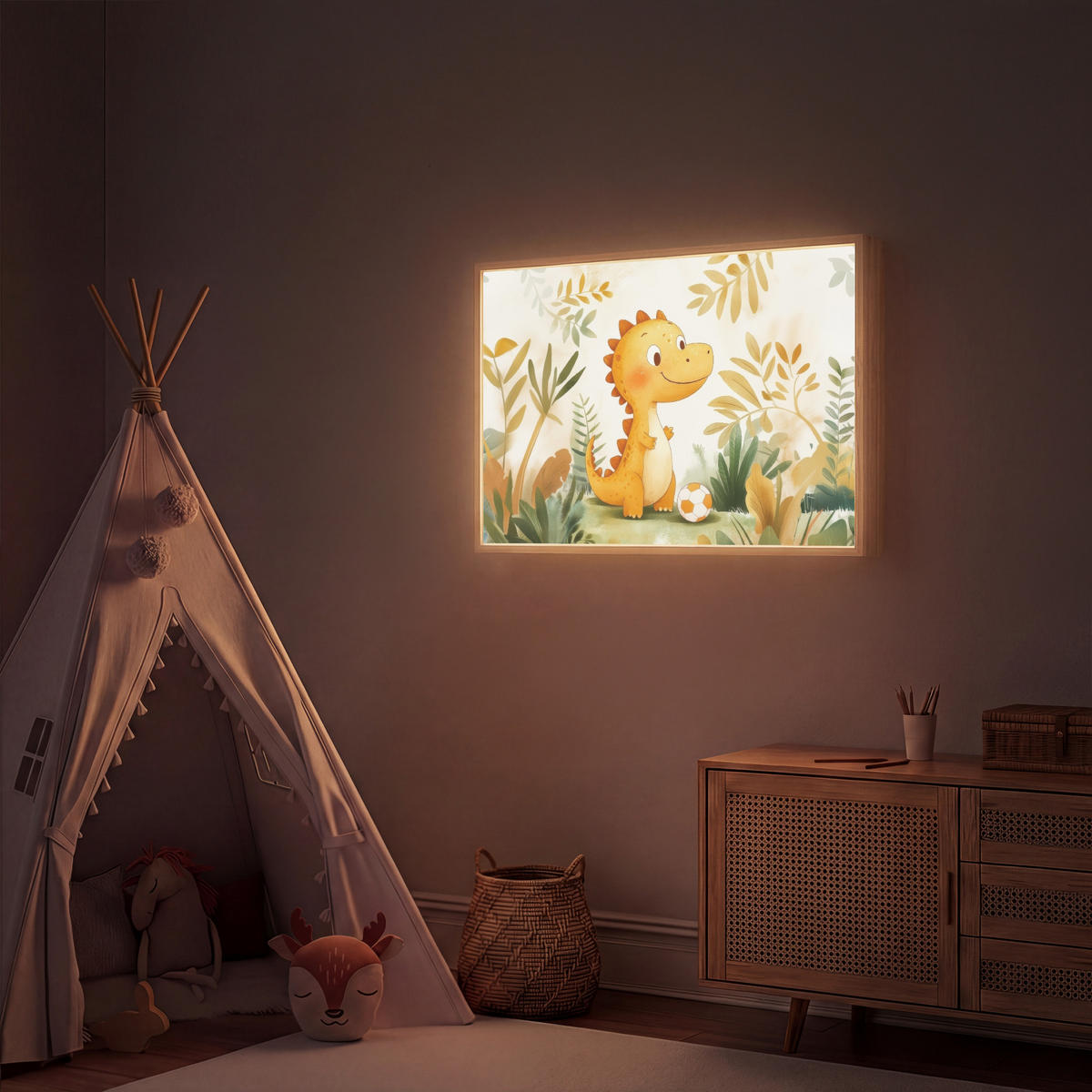 NACHTTISCHLAMPE MIT AKKU Dino - Fußball - Orange 90x60 cm - Beige, Holzwerkstoff (8/90/60cm) - OnlyWow