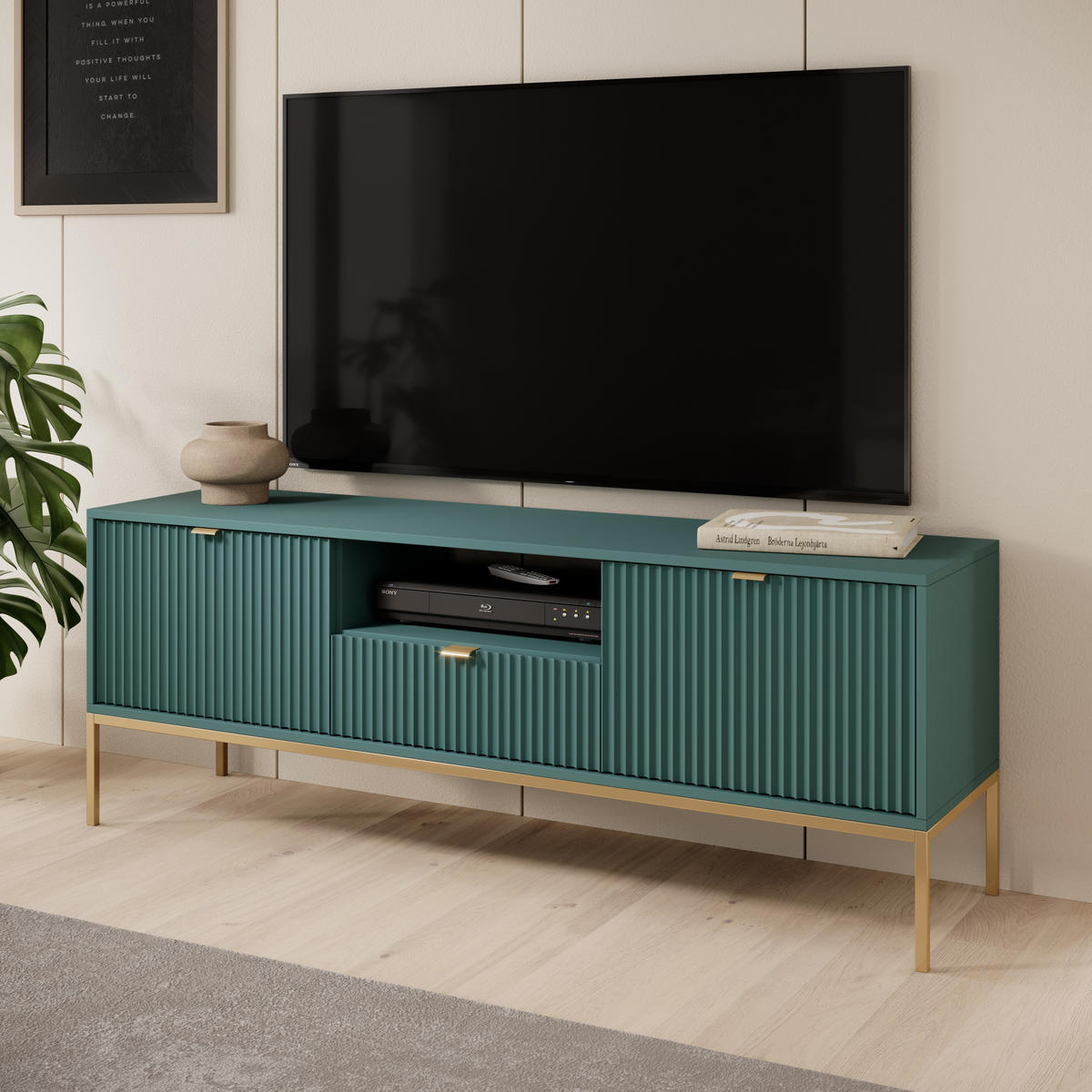 GRÜNES Modernes Geriffeltes TV-Board KIOTO RTV2D1SZ (Gold Gestell, Soft-Close Türen) - Goldfarben/Grün, Holz/Holzwerkstoff (154/56/39cm) - Ravio