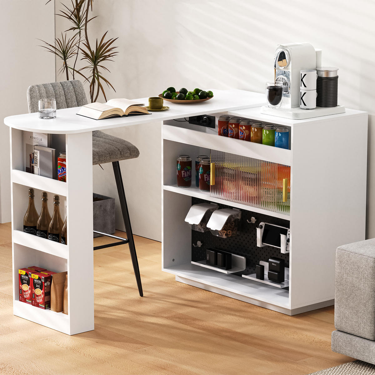 BARTISCH 120/50/95,5 cm in Weiß mit Stauraum, LED und Steckdosen - Weiß, Holzwerkstoff (50/120/95.5cm) - BEAOK