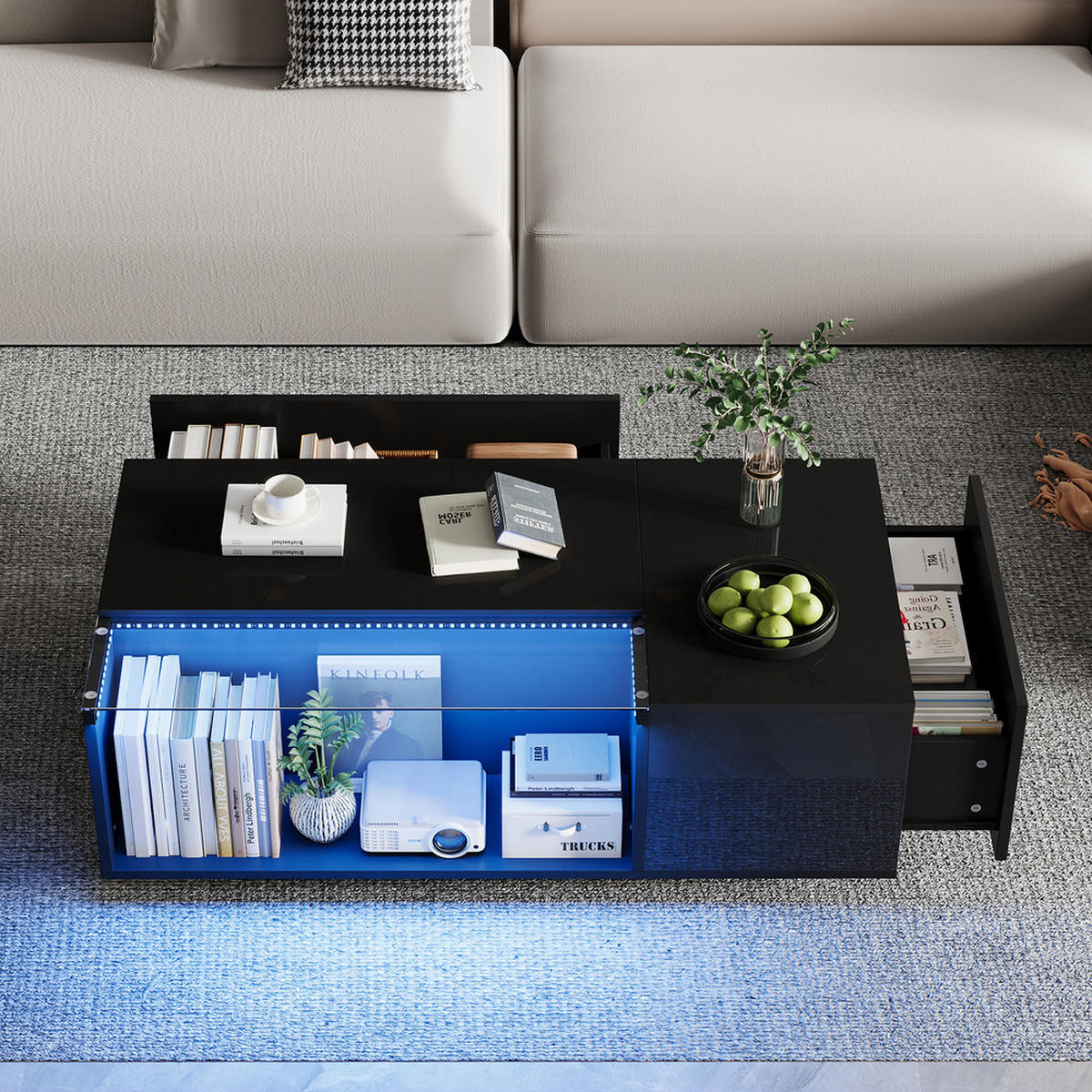 COUCHTISCH 100X50X35 cm LED Glas mit Stauraum und Schubladen - Schwarz, Holz (111.13/62.23/35cm) - FLIEKS