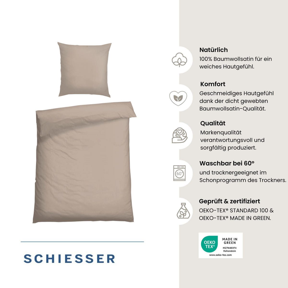 BETTWÄSCHESET Ella - Baumwollsatin - 2-teilig - 135 x 200 cm - Cappuccino - Cappuccino, Textil (135/200cm) - SCHIESSER