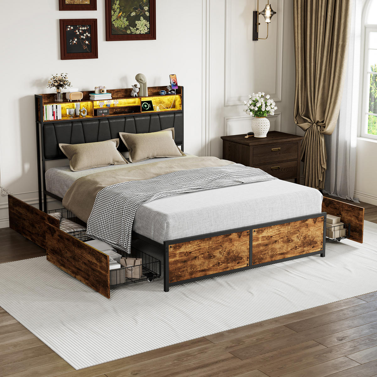 POLSTERBETT 140x200 cm, 4 Stauraumschubladen, LED-Leiste, Doppel-USB, in Braun - Braun, Holz (140/200cm) - BRILVERDE