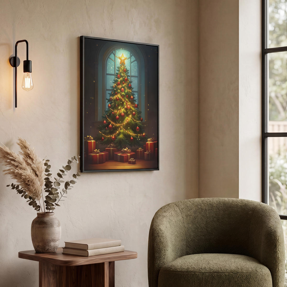 LEINWAND Bilder mit Rahmen - Weihnachtsbaum - Geschenk - Winter - 60x80 - Grün, Textil (60/80cm) - MuchoWow