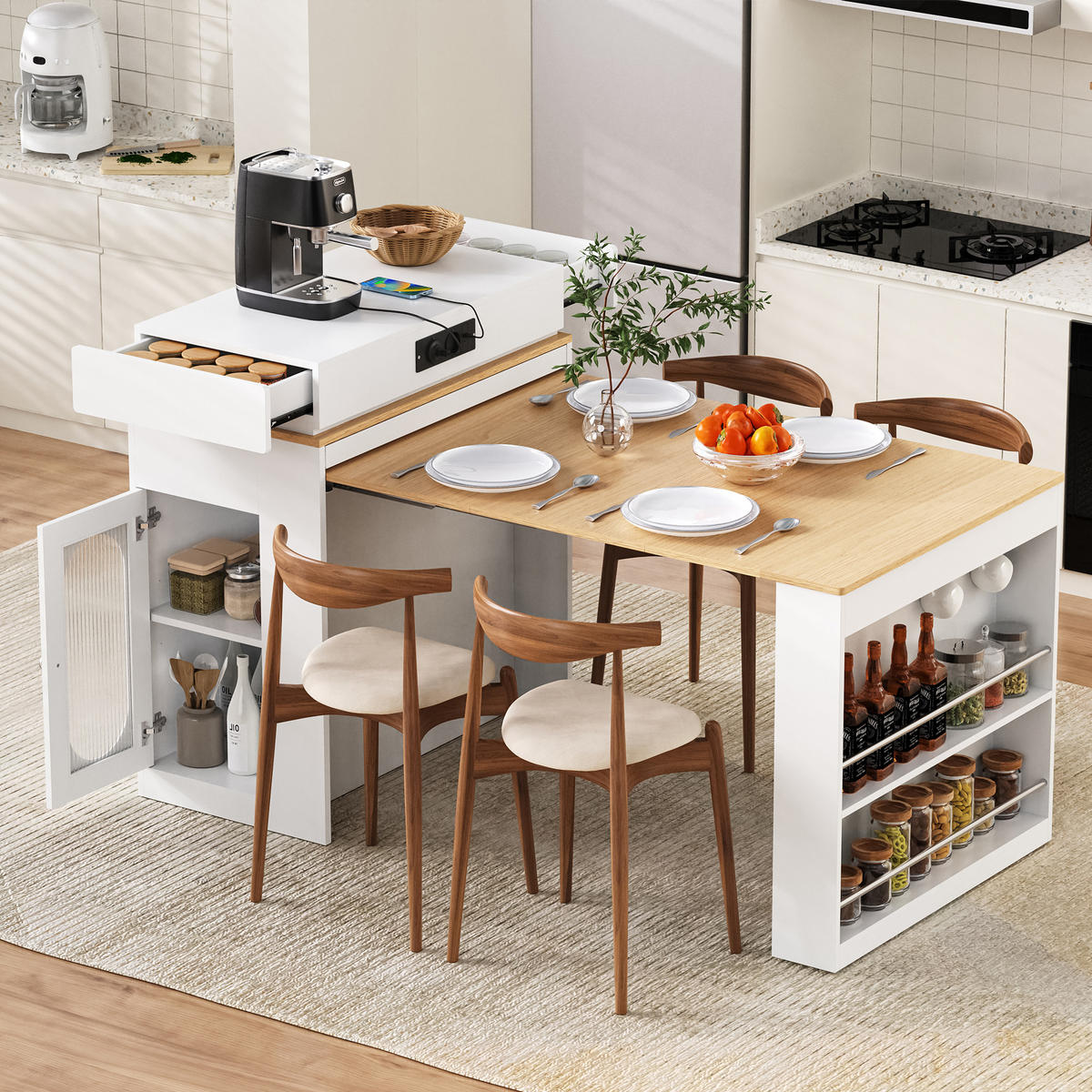 KÜCHENINSEL in Naturfarbe und Weiß Servierwagen mit Steckdosen und Haken für Esszimmer und Küche, B83/T46/H96 cm - Weiß, Glas/Holzwerkstoff (83/96/46cm) - STILVORA