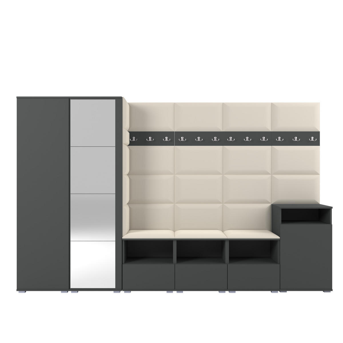 GARDEROBE NELA XII 300 cm (Modulare Flurmöbel Graphit mit Spiegel & Sitzpolster Creme 01 Gigantisches Set) - Silberfarben/Creme, Holz/Holzwerkstoff (300/187/40cm) - Ravio