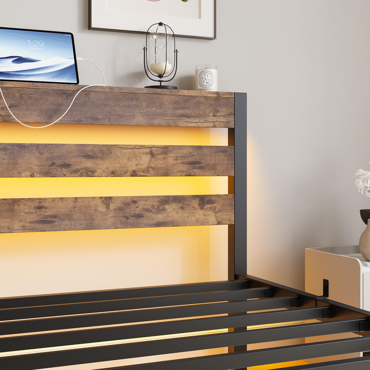 METALLBETT 90/200 cm in Schwarz & Braun mit LED, USB und Ablage - Schwarz, Holzwerkstoff/Metall (90/200cm) - WISHDOR