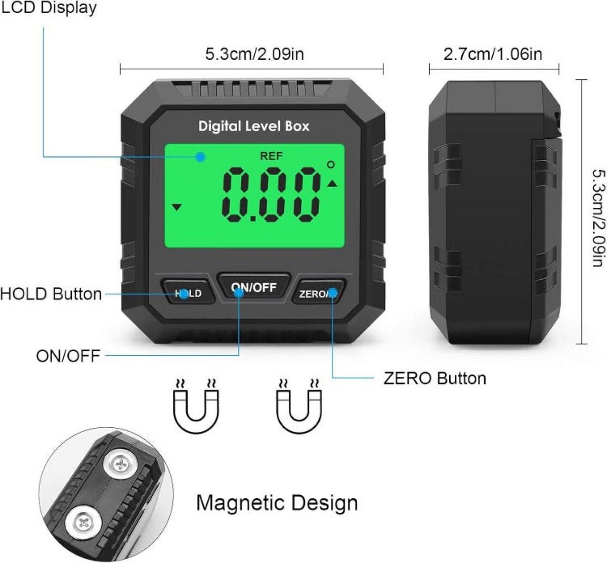 WASSERWAAGE – mit LCD-Display, magnetisch, hintergrundbeleuchtet – schwarz - Schwarz, Kunststoff (6/5.5/3cm) - DCA