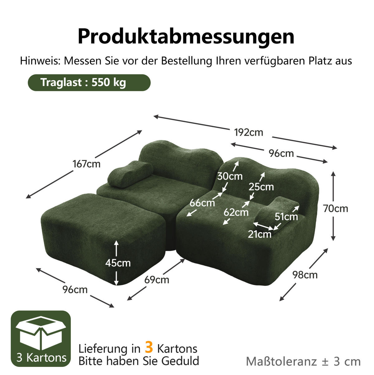 SOFA 192/167/70 cm in Grün aus Samt mit Ottomane - Grün, Textil (167/70/192cm) - Flora Grace
