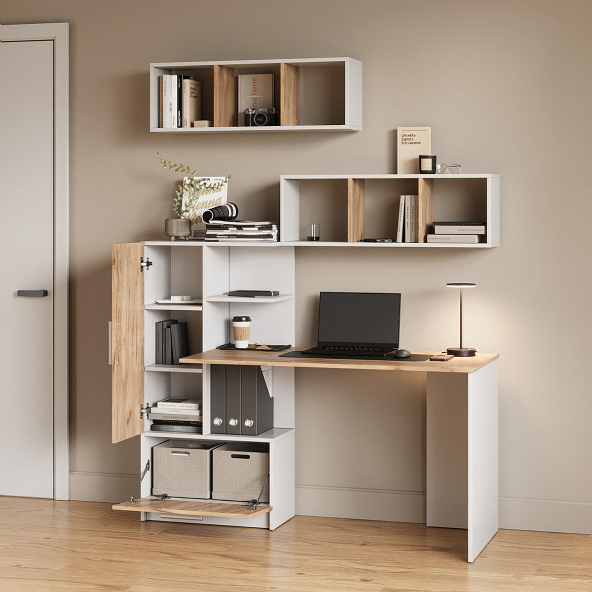 WANDREGAL Lorena Weiß/Goldkraft Eiche 90 x 30 cm 2er Set - Weiß, Holzwerkstoff (90/30/22cm) - Livinity®