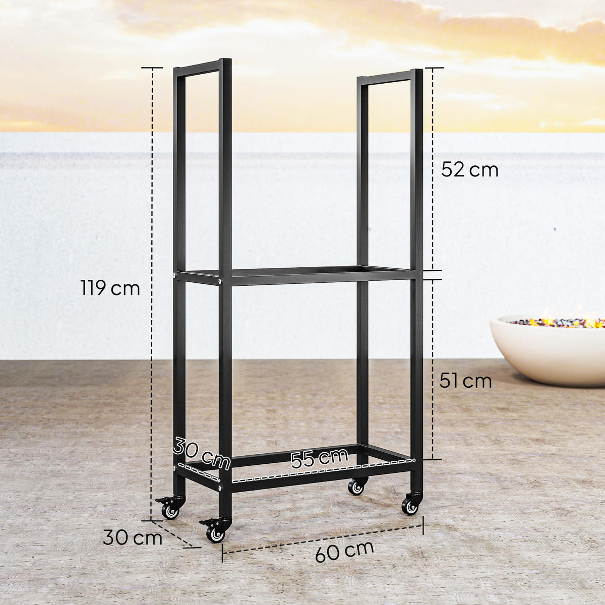 KAMINHOLZREGAL für innen Stahl 60 x 30 x 119cm 2 Ebenen Brennholzregal mit Rolle - Schwarz, Metall (30/119/60cm) - Outsunny