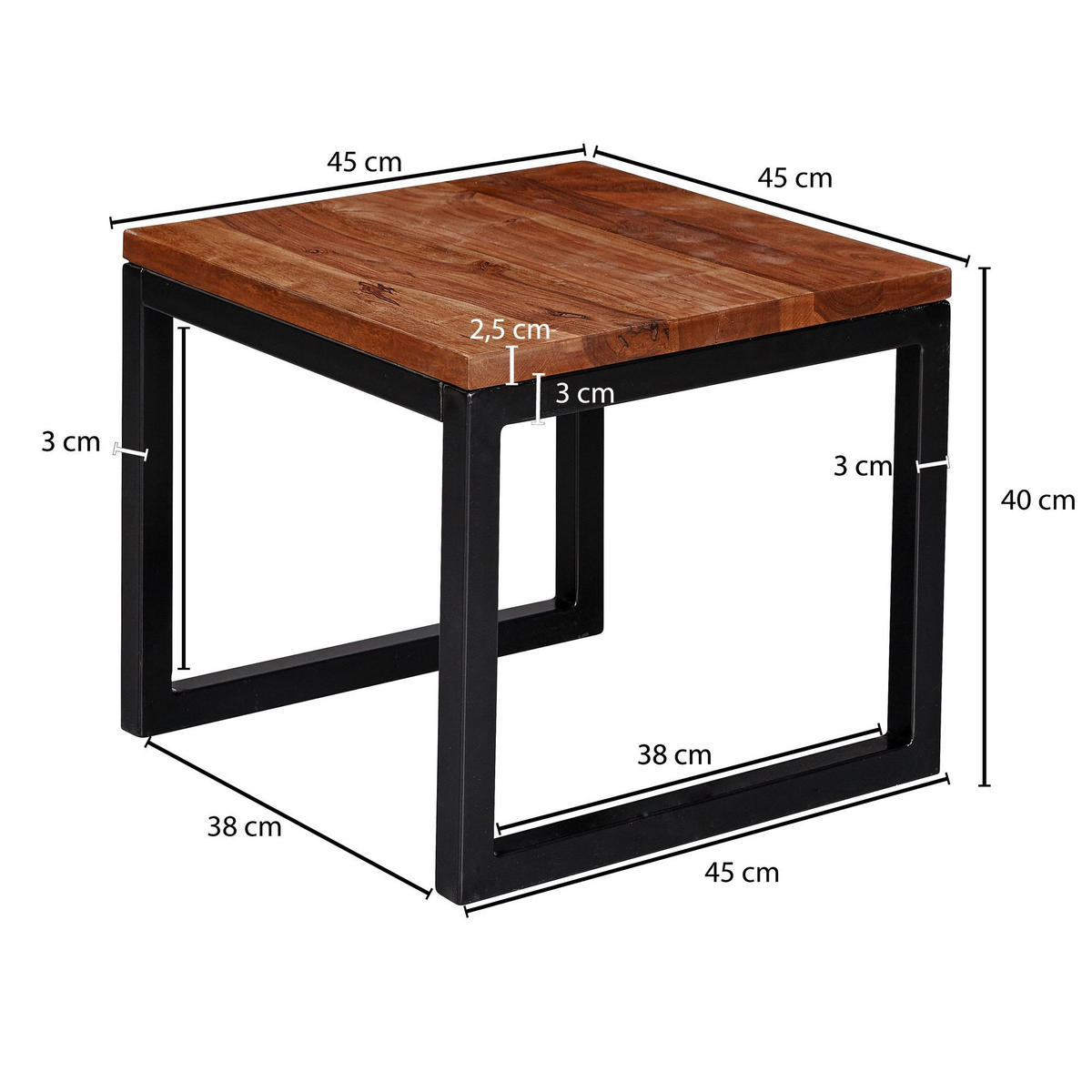 BEISTELLTISCH – Massivholz Braun rechteckig robust Industrial - Schwarz/Braun, Holz/Metall (45/45/40cm) - KADIMA DESIGN