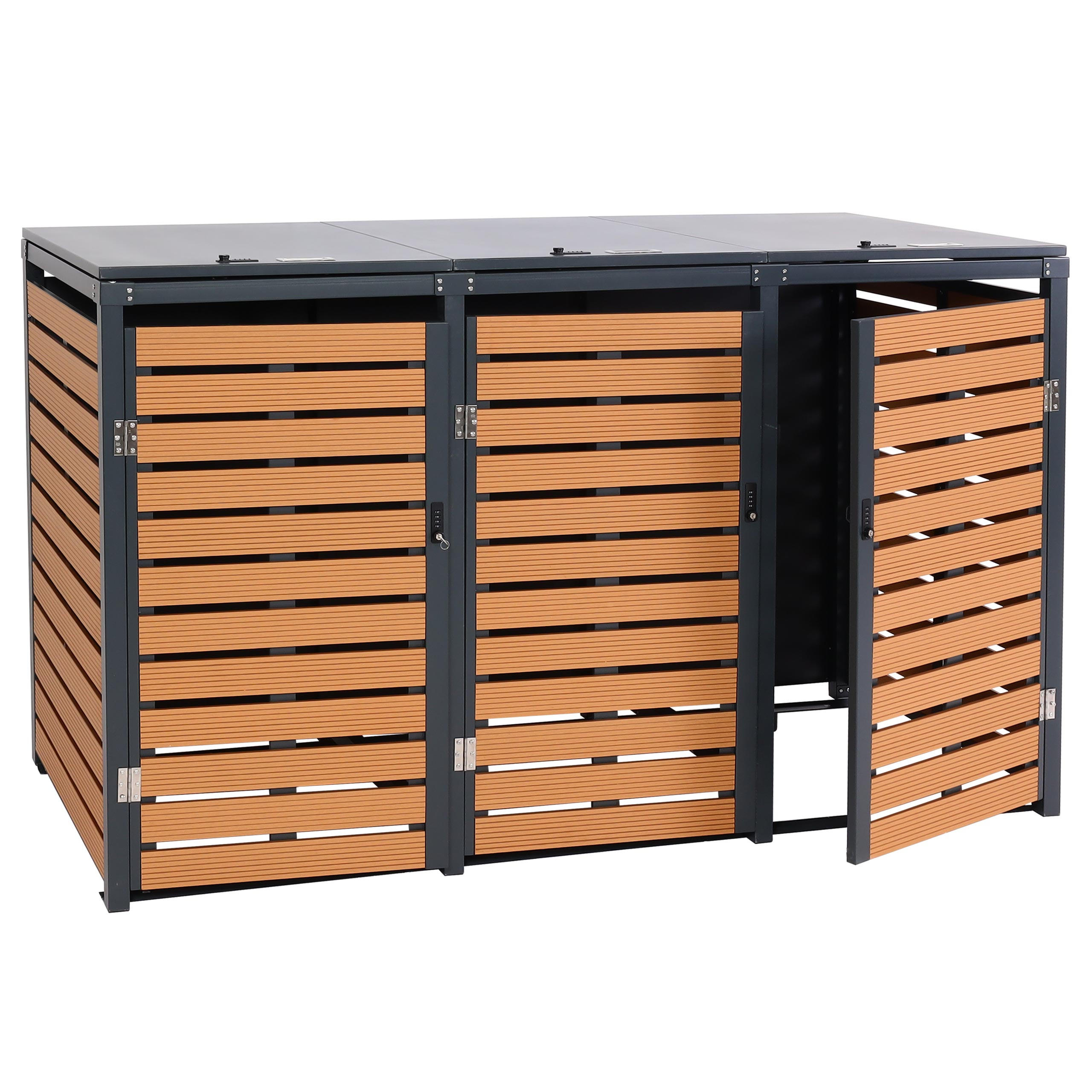3ER-MÜLLTONNENVERKLEIDUNG Teak Dekor - Teakfarben, Metall (205/119/84cm) - MCW