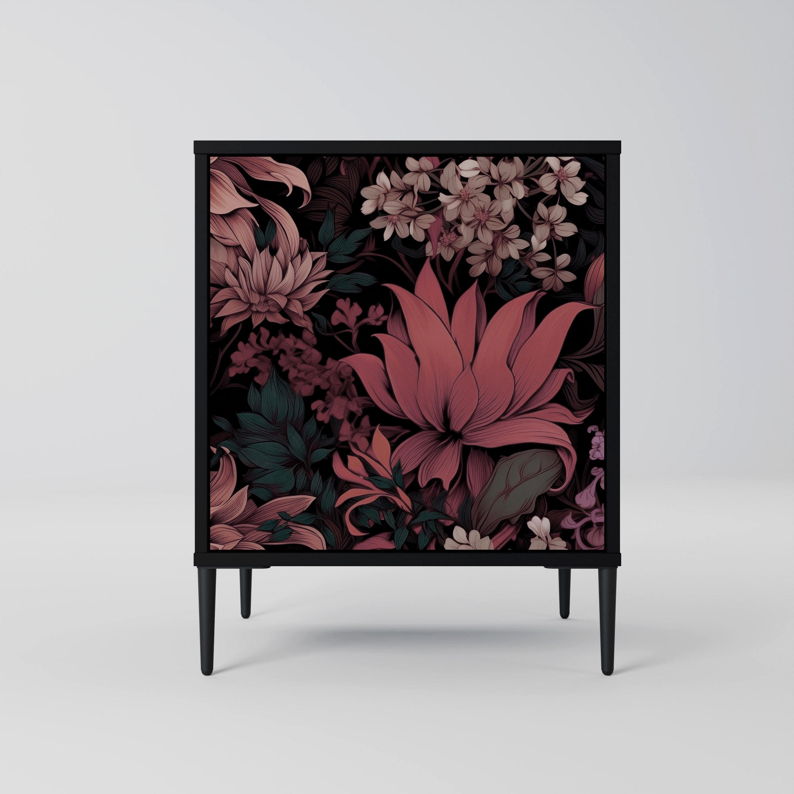 SIDEBOARD FLORAL WHISPER, Schwarz, 57,5x42x72,5 cm, Schwarze Metallfüße - Multicolor/Schwarz, Holzwerkstoff/Metall (57.5/72.5/42cm) - SpaceRebels