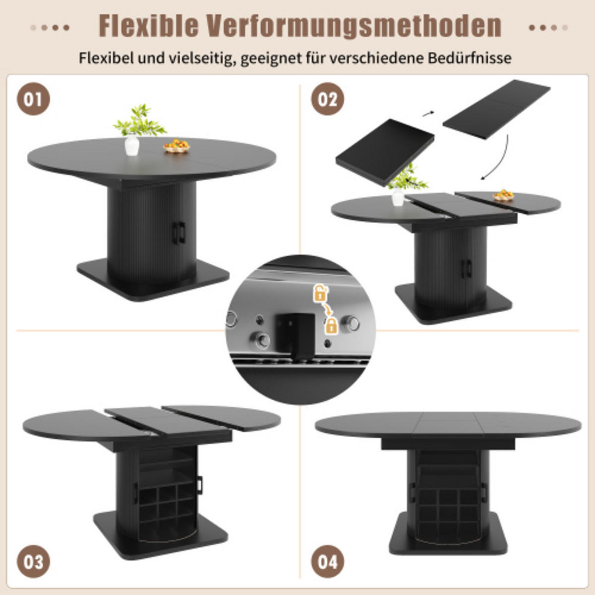 ESSTISCH Ausziehbarer 118-158×118×76 cm aus MDF und Metall mit integriertem Stauraum, schwarz - Schwarz, Holzwerkstoff (158/118/76cm) - Luhomfu