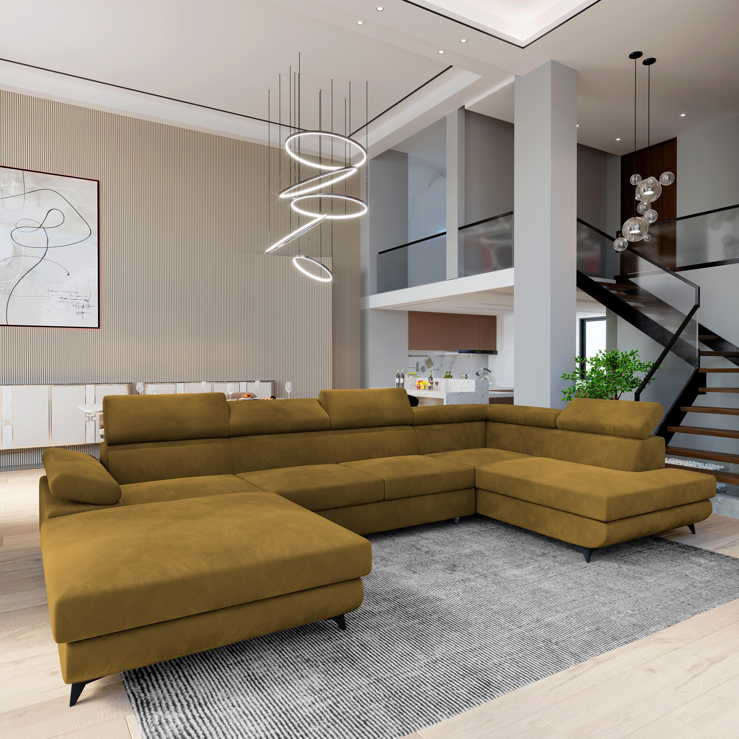 WOHNLANDSCHAFT RUBANO R-S Gelb Velours-Stoff mit Schlaffunktion - Gelb, Holz (339/89/190cm) - MASSENO