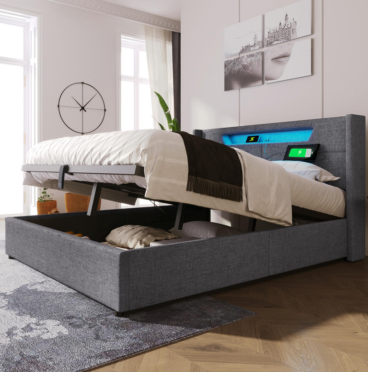 POLSTERBETT 160/200 cm aus Leinen mit LED-Beleuchtung USB-C und Stauraum Grau - Grau, Textil (160/200cm) - Modenvie