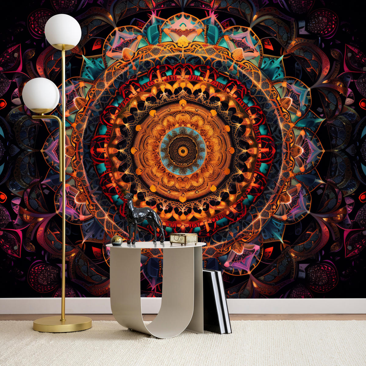 FOTOTAPETE für Schlafzimmer Bunte Mandala Vintage Orientalisch Harmonisch 400x280 - Gelb/Rot, Papier (400/280cm) - Muralo