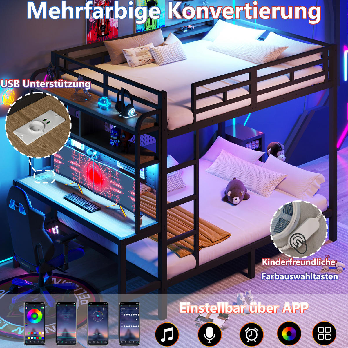 ETAGENBETT 140x200cm Schwarz Metall LED-Licht Schreibtisch USB - Schwarz, Metall (140/200cm) - FLIEKS