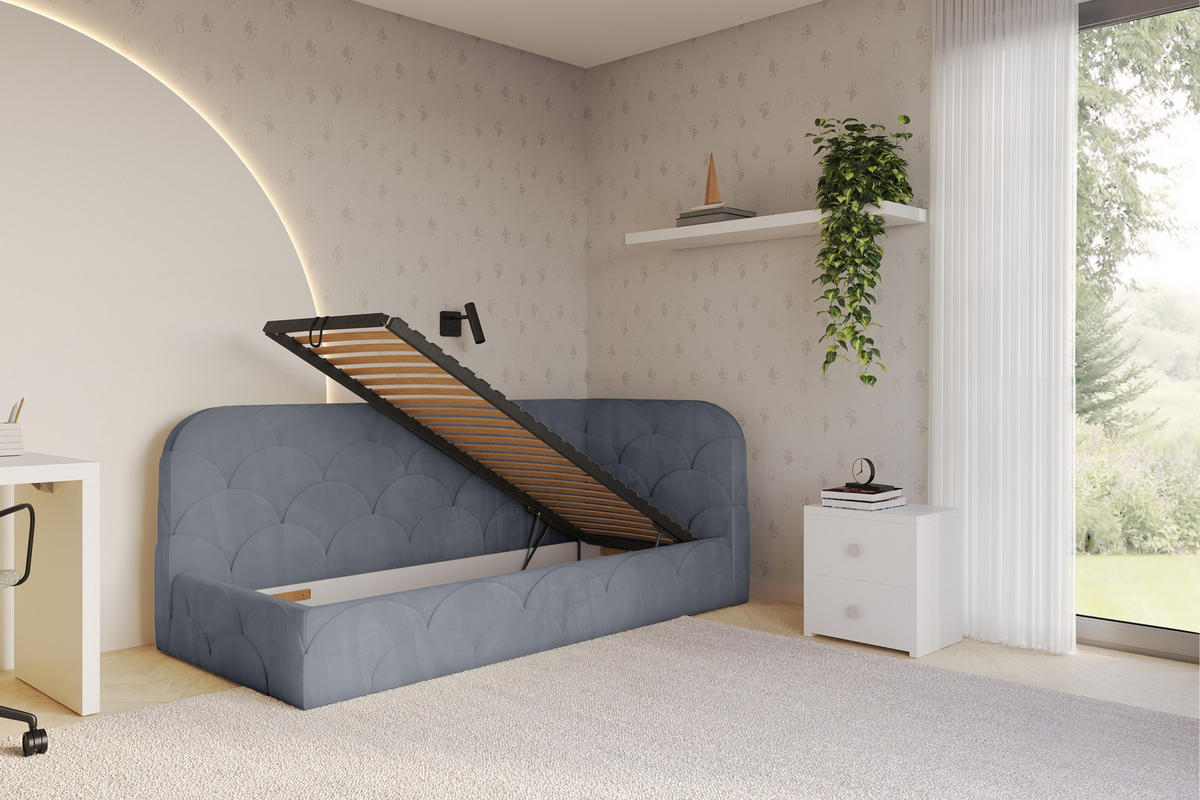 EINZELLBETT Jugendbett mit Bettkasten und Matratze H3/H4, Links - ELRY 90x200 Grau - Grau, Holzwerkstoff/Textil (90/200cm) - ALTDECOR