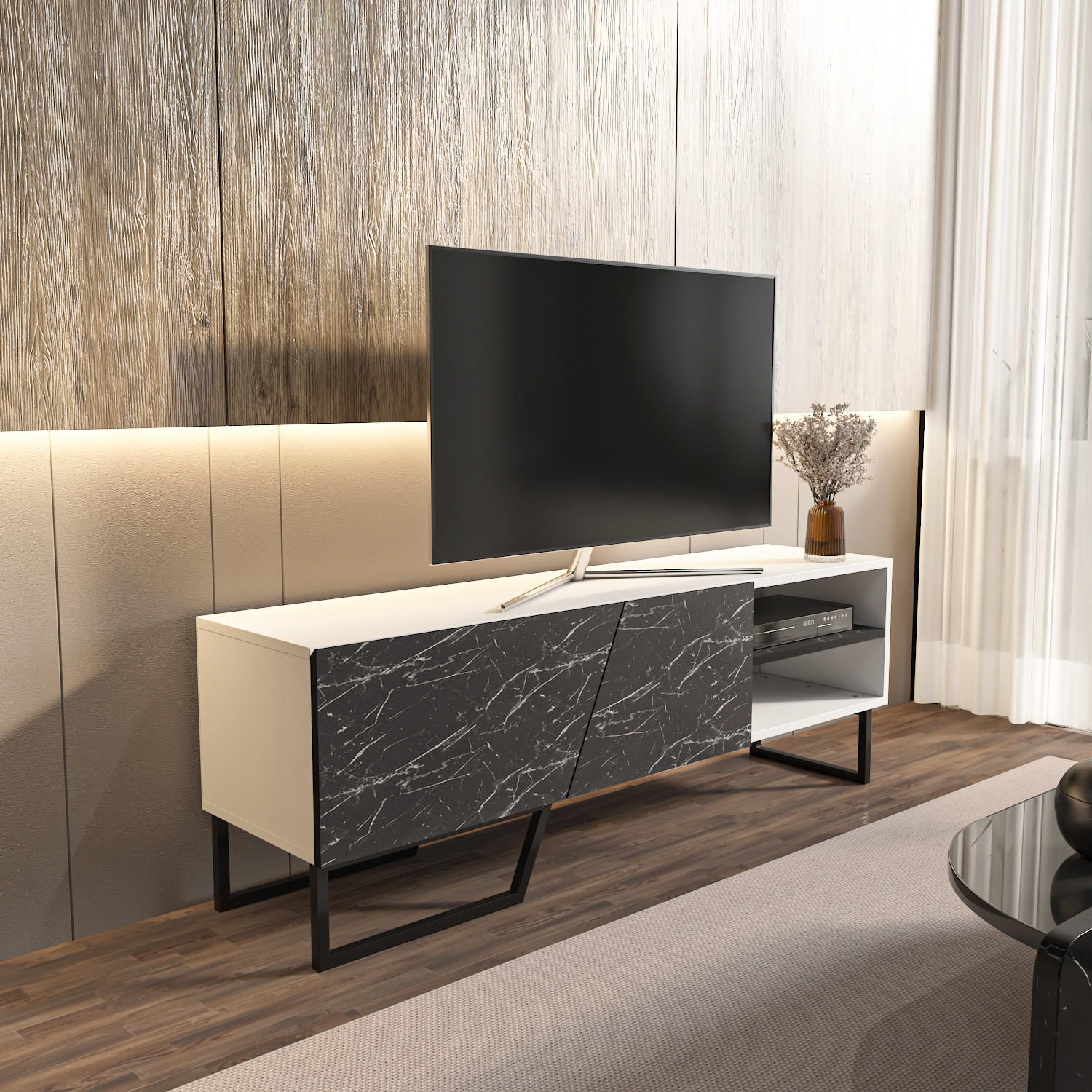 Thumbnail - Decorotika Tv-Element, Weiß, Schwarz, Holzwerkstoff, Holz Optik, Rechteckig, 150x50.5x35 cm, Wohnzimmer, Wohnwände, Lowb...