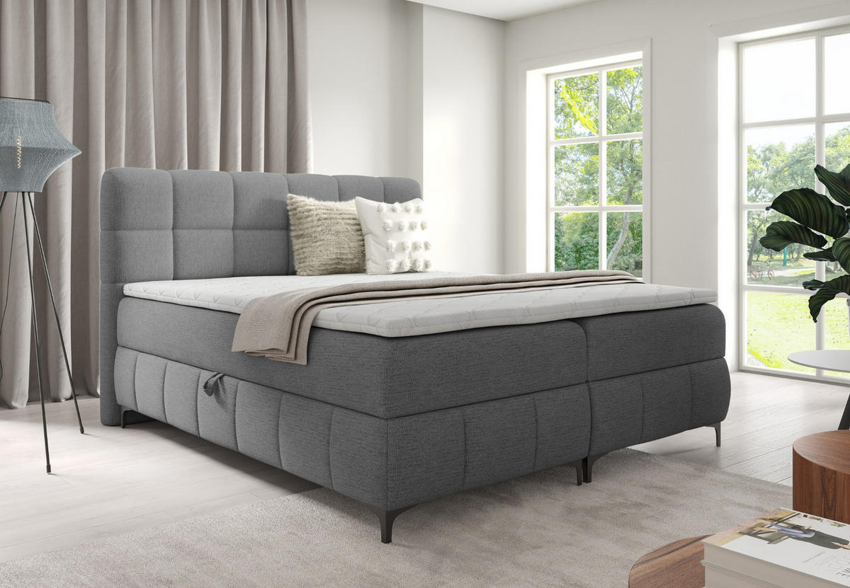 BOXBETT mit Stauraum und Topper 180x200 cm Grau - Grau, Textil (180/200cm) - Home Collective