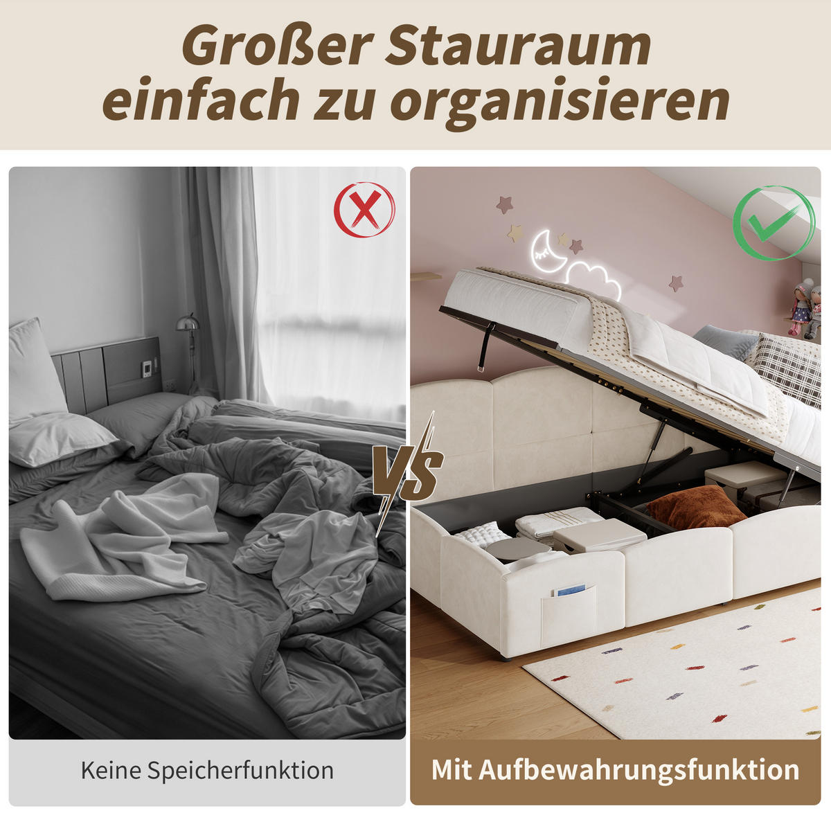 KINDERBETT Beige Samt 90x190 USB Stauraum Lattenrost - Beige, Textil (90/190cm) - FLIEKS