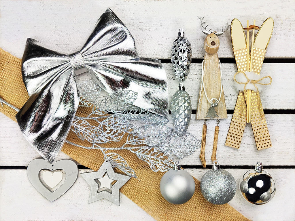 WEIHNACHTSBAUMSCHMUCK-SET NORDGLANZ 136-teilig, für Weihnachtsbäume 240–270 cm, inkl. Aufbewahrungsbox - Silberfarben/Weiß, Holz/Kunststoff (55/50/75cm) - LAALU