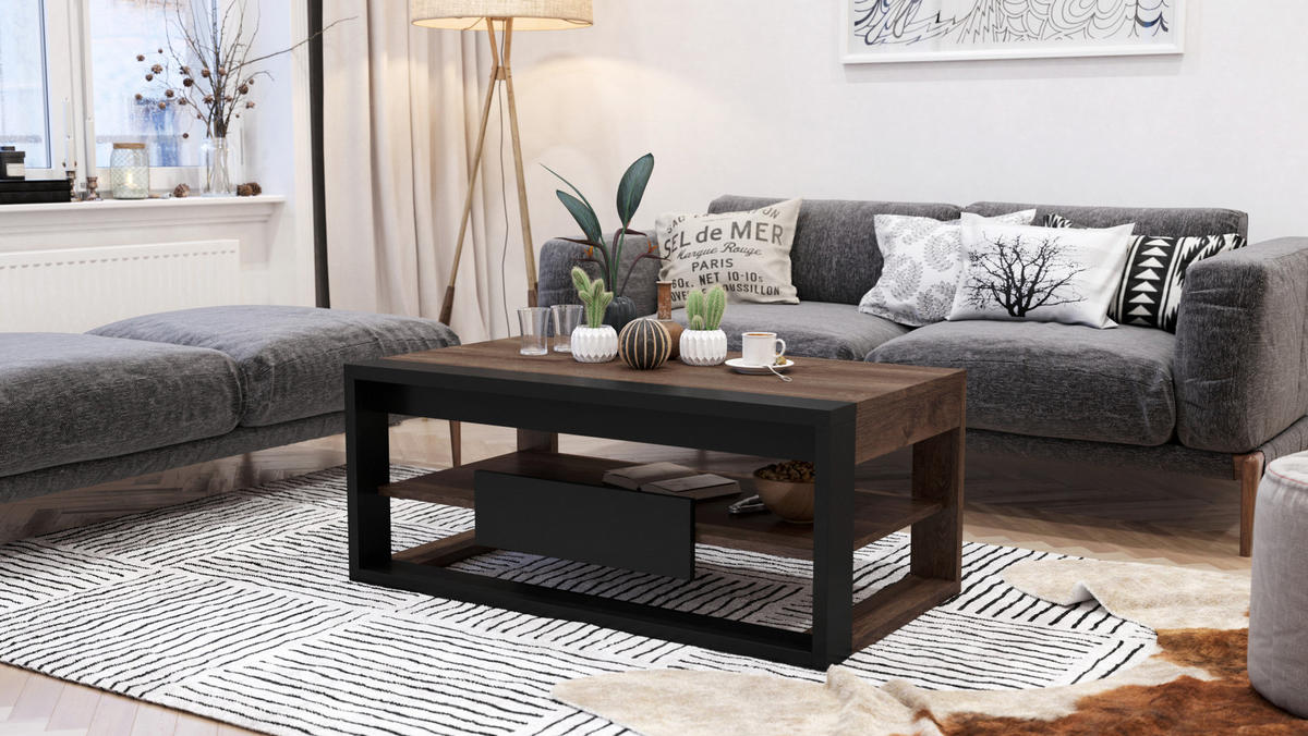 COUCHTISCH rechteckig Eiche dunkel Schwarz aufklappbar - Schwarz/Braun, Holzwerkstoff (60/110/45cm) - designimpex