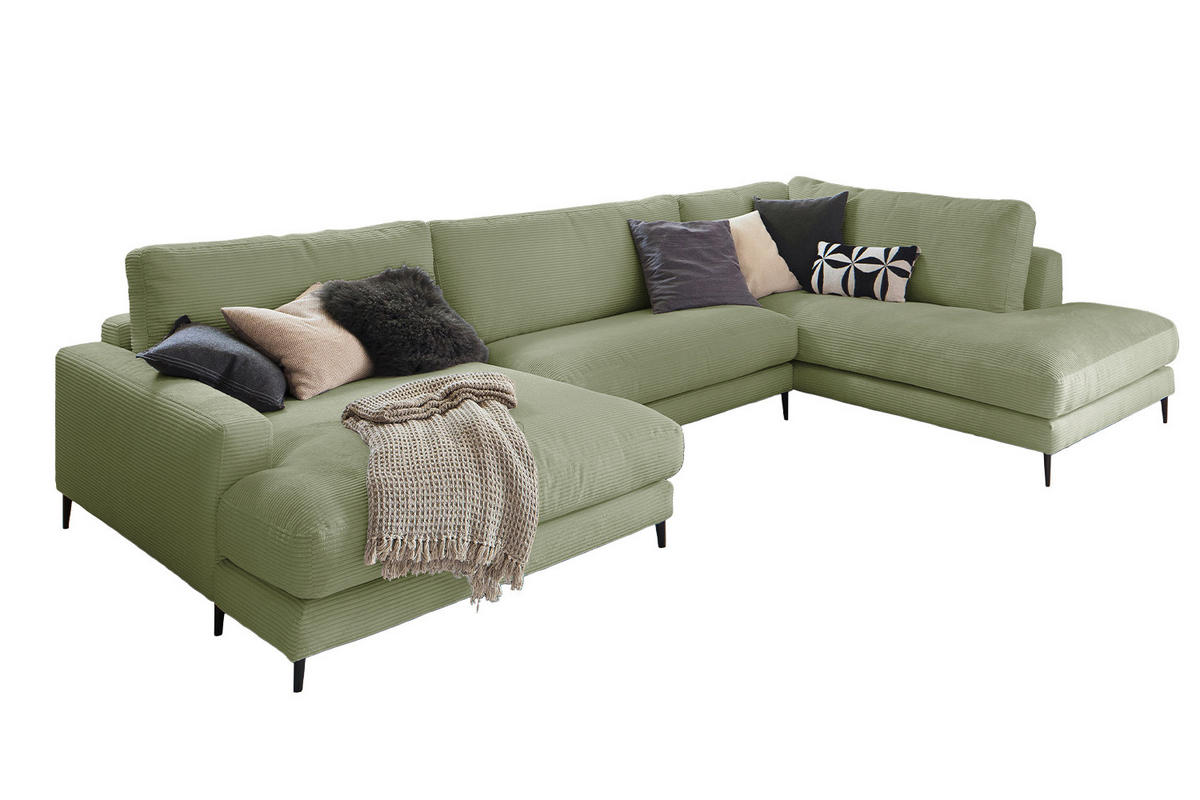 WOHNLANDSCHAFT CARA Grün Cord - Schwarz/Grün, Textil (341/84/223cm) - KAWOLA