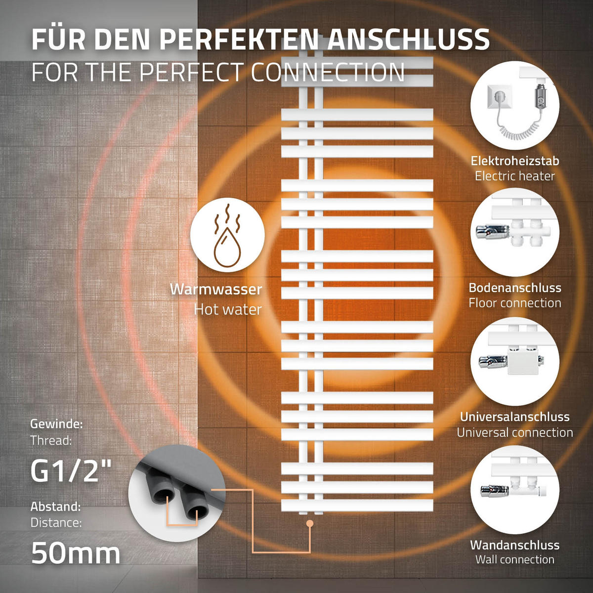 BADHEIZKÖRPER elektrisch Iron EM 500x1600 mm Weiß mit Heizstab 900W - Weiß, Metall (50/160/3cm) - LuxeBath
