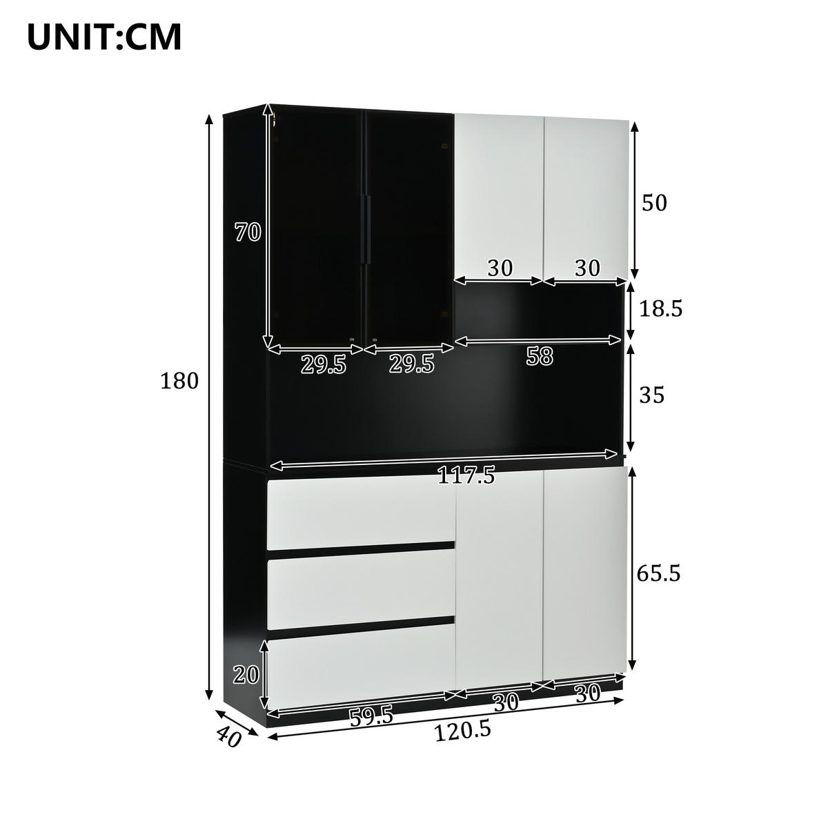 BUFFETSCHRANK Weiß-Schwarz 120.5/40/180 cm - Weiß, Holz (120.5/180/40cm) - PANGIVO