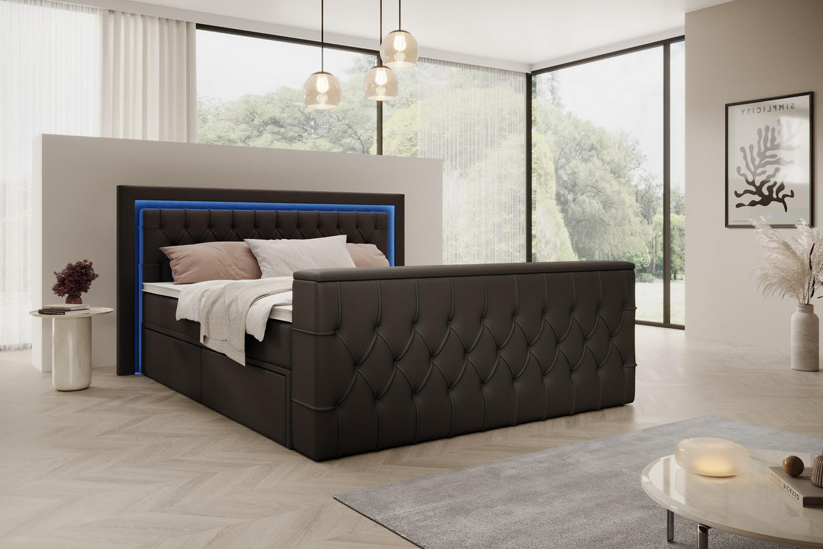BOXSPRINGBETT Arosa TV mit Schubladen und Topper, TV-Lift, LED Beleuchtung, Kunstleder, 180x200 cm, Schwarz - Schwarz, Holz - PROMETO Möbel