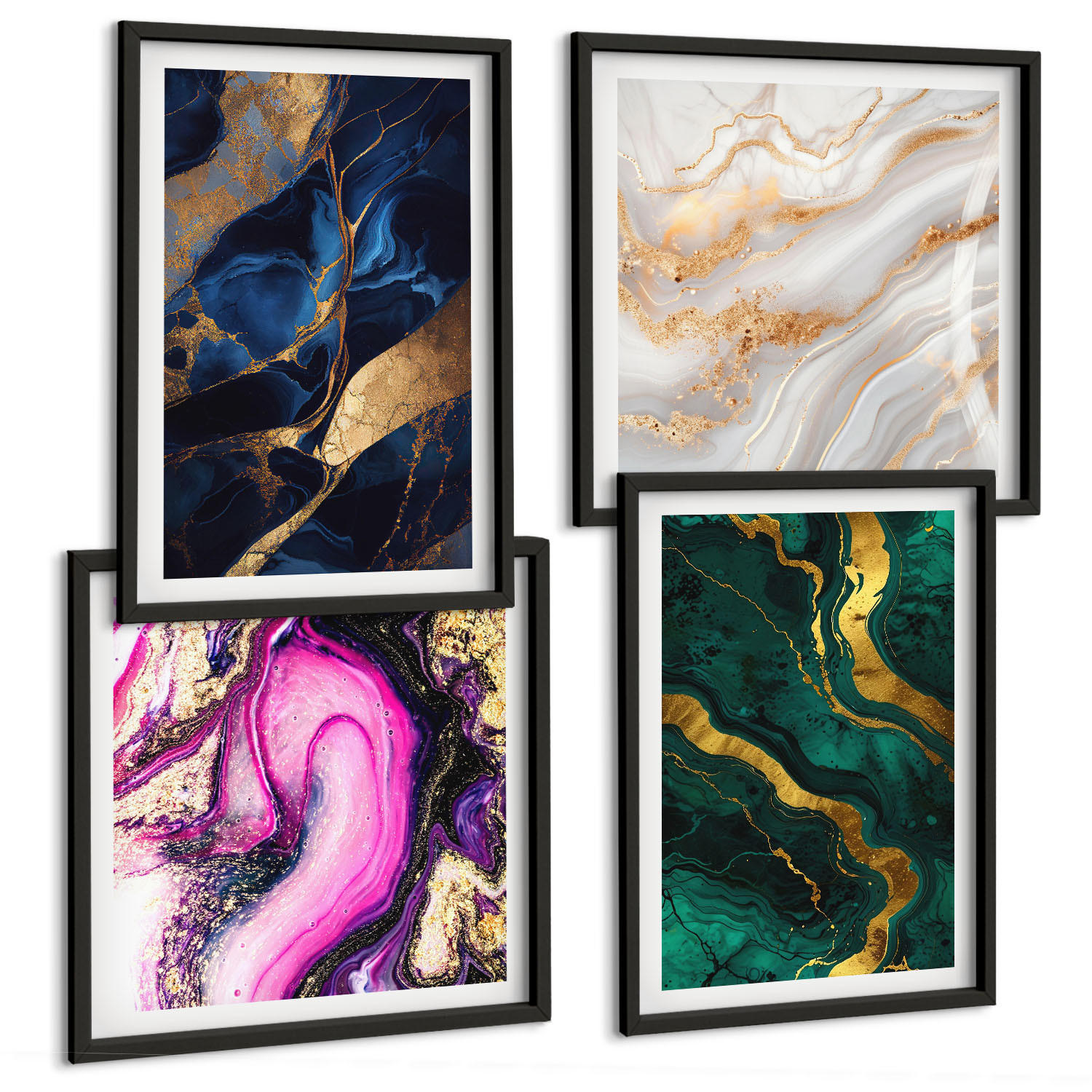 BILDER SET 4er Set - 50x50 cm & 40x60 cm Schwarzer Rahmen - Abstrakter Marmor mit Farben - Schwarz, Kunststoff (50/50cm) - TULUP