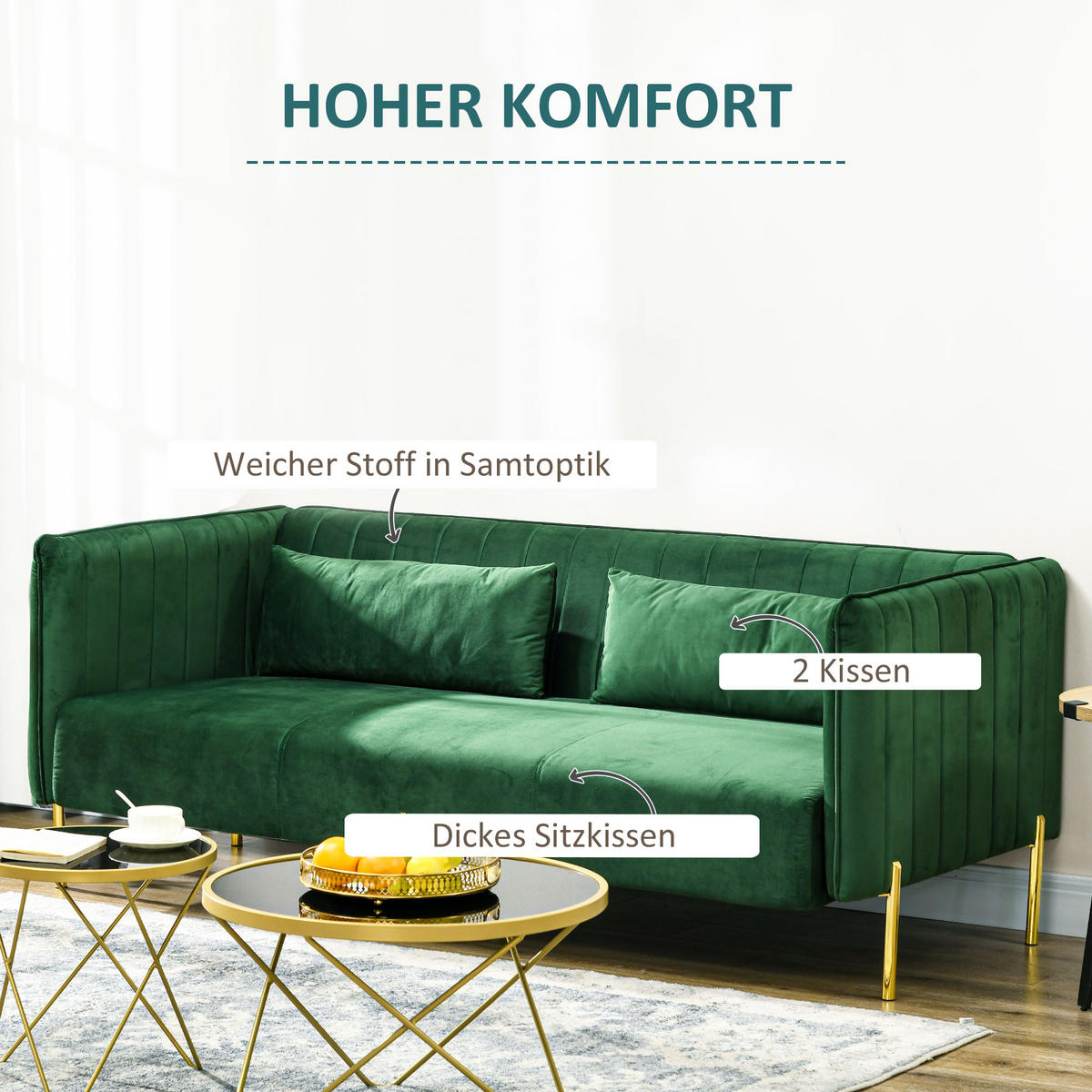 3 Sitzer Sofa Gästesofa mit 2 Sitzkissen, dreier Couch mit Armlehne, Grün - Grün, Kunststoff/Textil (88/76/200cm) - HOMCOM