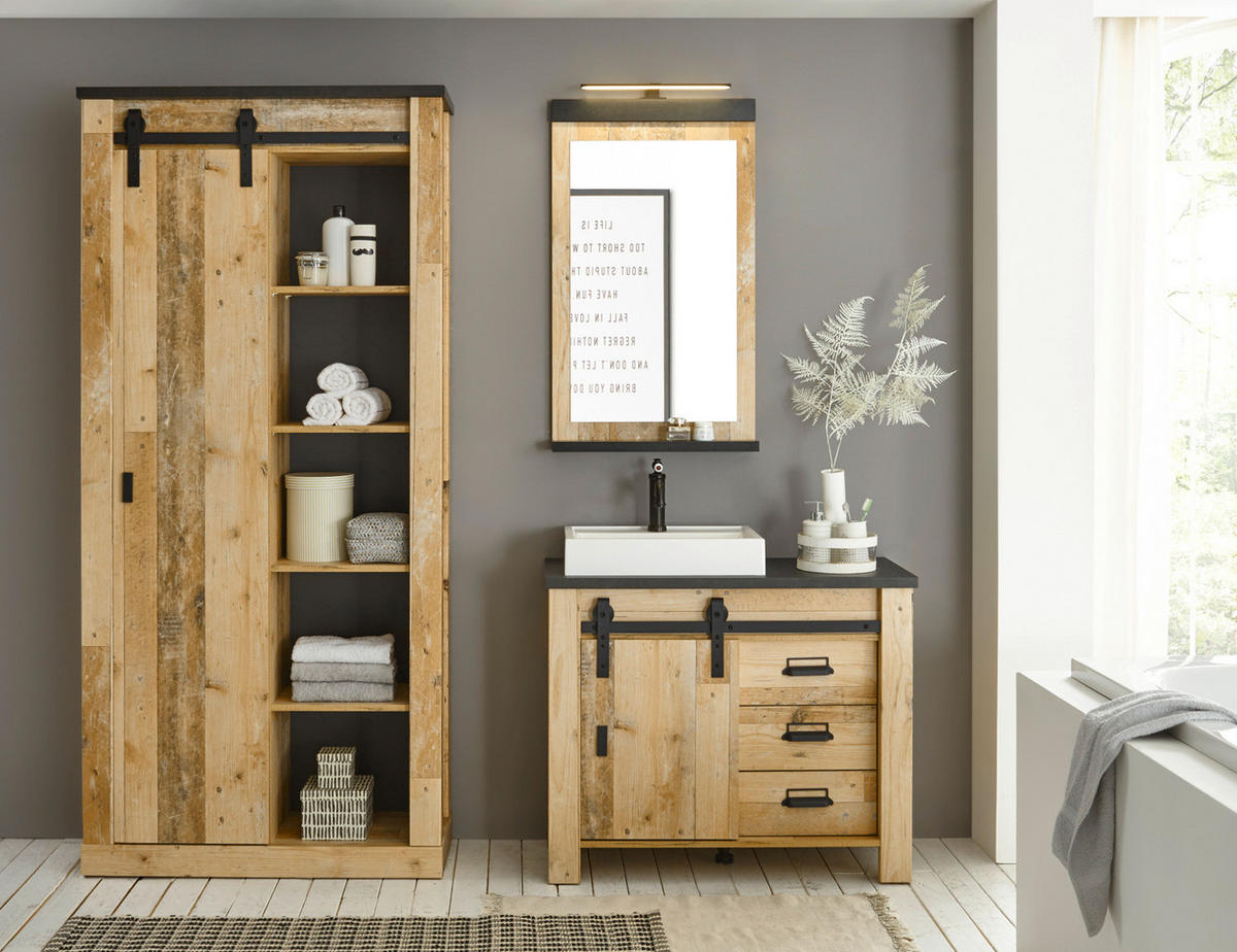 BADMÖBEL-SET 5-teilig, Used Wood hell, anthrazit, Badkombination mit Waschbecken LED Spiegellampe - Eichefarben/Anthrazit, Holzwerkstoff/Metall (208/210/43cm) - Furn.Design