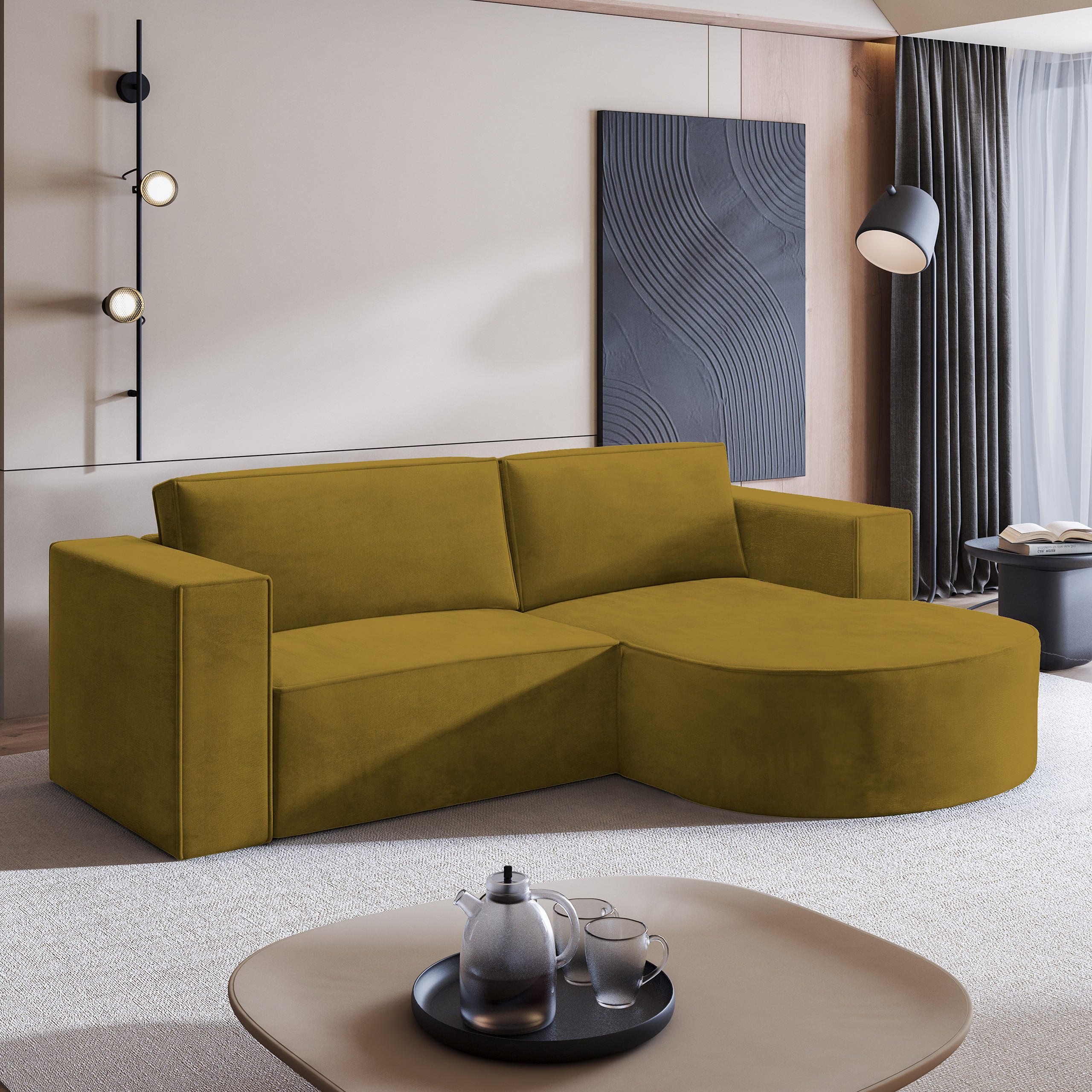 ECKSOFA SORELA M R-S Gelb Velours-Stoff mit Schlaffunktion - Gelb, Holz (263/174cm) - MASSENO