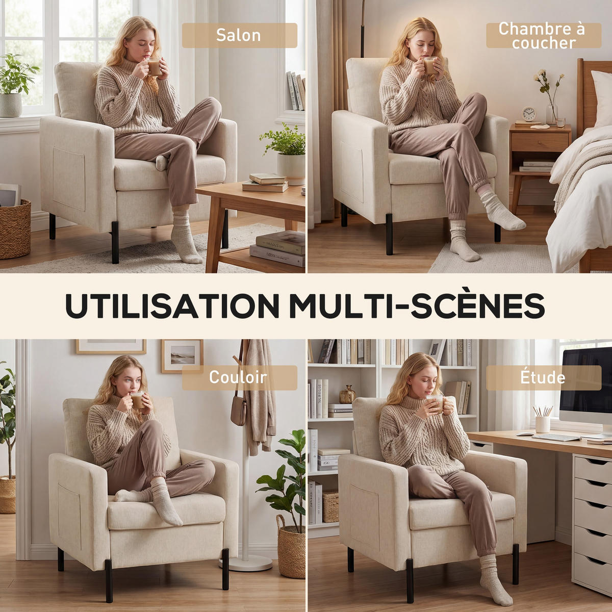 SESSEL DE-13514 mit Armlehnen, breite Sitzfläche Beige - Beige, Metall (73/87/77cm) - ComfortXL