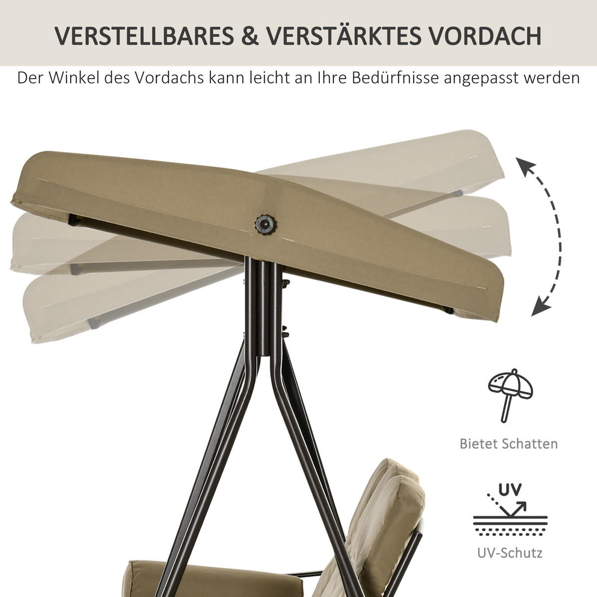 HOLLYWOODSCHAUKEL, mit Sonnendach Kissen, Metall, Khaki, 116 x 206 x 183 cm - Braun, Metall (206/183/116cm) - Outsunny